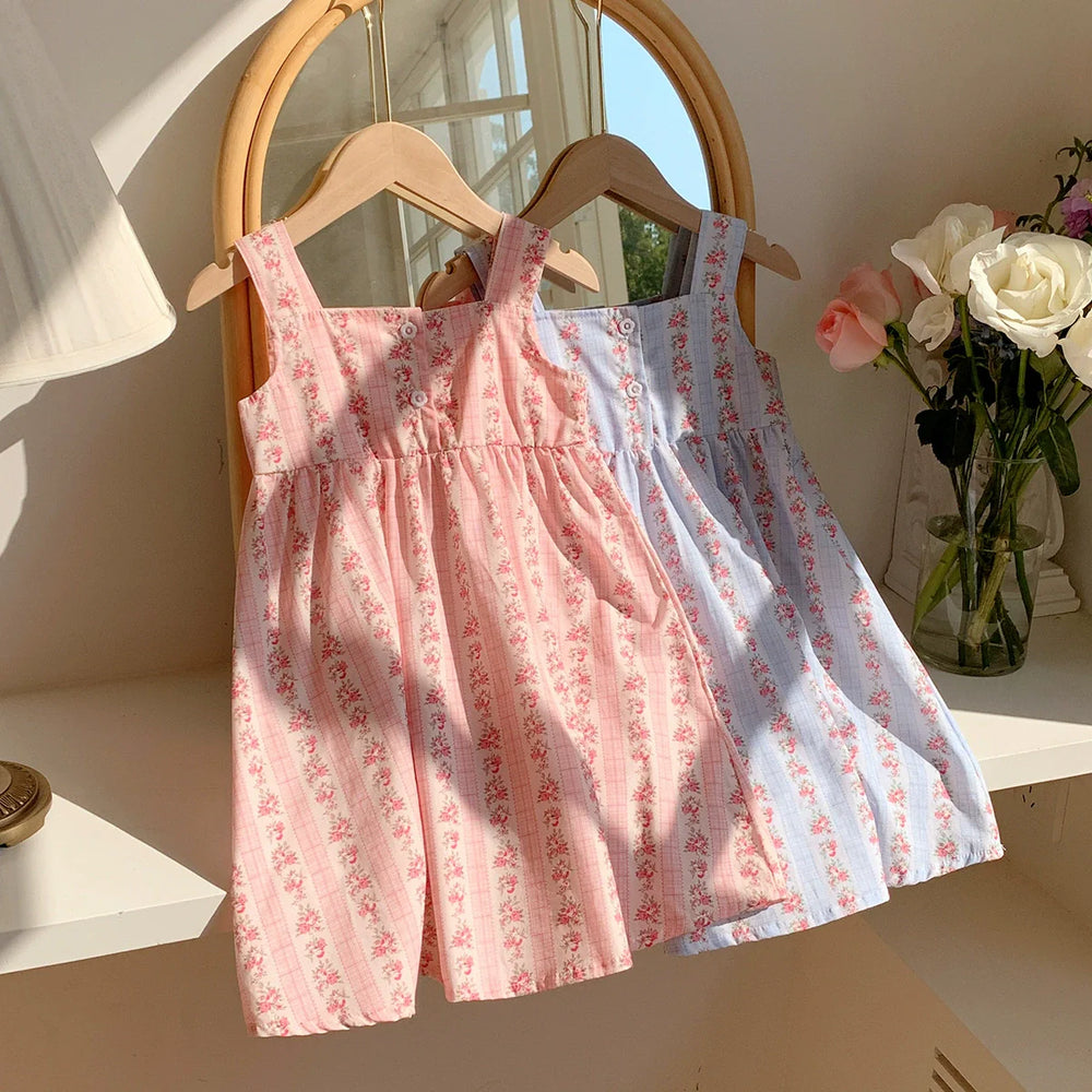 Summer Baby Kids Girls Sleeveless Flowers Pattern Printed Striped Dress - MyKids-USA™