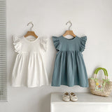 Summer Arrival Solid Color Fly Sleeves Crew Neck Dress for Stylish Girls