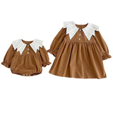 Design Autumn Color Patchwork Baby Kids Girls Bat-Wings Shaped Collar Onesies And Dress – Princess Sister Matching Set
