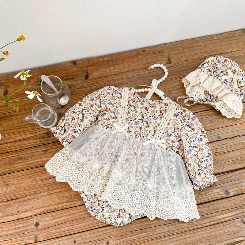 Spring/Autumn Baby Girls Floral And Fruits Print Lace Mesh Princess Onesie Dress - MyKids-USA™