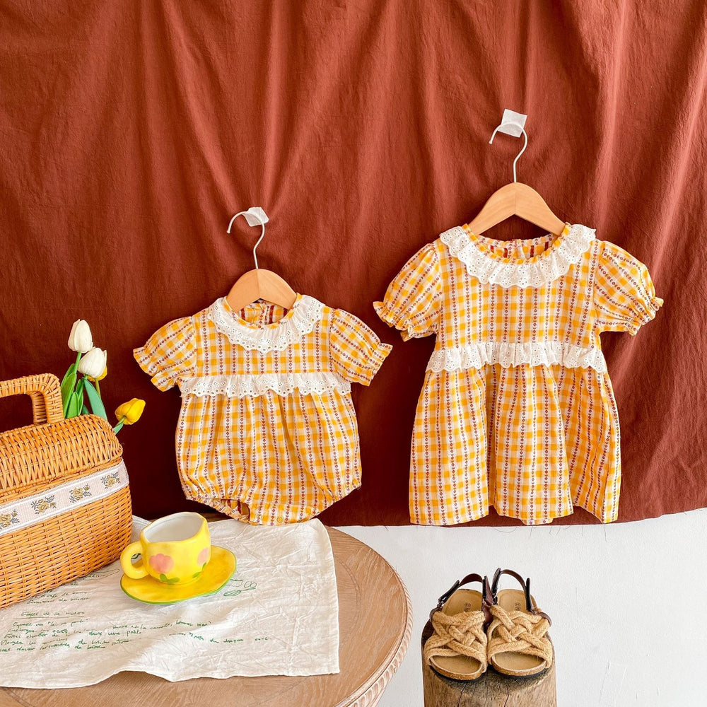 Design Summer Girls Hollow Out Collar Short Sleeves Floral Striped, Plaid Onesies And Dress – Sister Matching Clothing Set - MyKids-USA™
