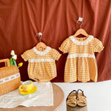 Design Summer Girls Hollow Out Collar Short Sleeves Floral Striped, Plaid Onesies And Dress – Sister Matching Clothing Set - MyKids-USA™