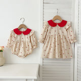 Arrival Autumn Baby Kids Girls Long Sleeves Cherry Pattern Peter Pan Collar Onesies and Dress – Princess Sister Matching Set
