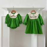 Arrival Autumn Baby Kids Girls Long Sleeves Peter Pan Collar Embroidery Flowers Pattern Onesies and Dress – Princess Sister Matching Set - MyKids-USA™