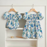 Summer Girls Blue Floral Pattern Square Neck Pleated Onesies And Girls’ Dress – Princess Sister Matching Set - MyKids-USA™