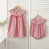 Summer Girls Solid Color Sleeveless Big Collar Onesies And Girls’ Dress – Princess Sister Matching Set - MyKids-USA™