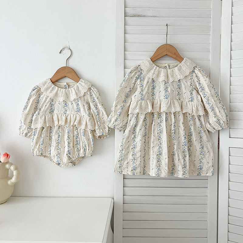 Arrival Autumn Baby Kids Girls Long Sleeves Blue Floral Pattern Hollow-out Collar Onesies and Dress – Princess Sister Matching Set - MyKids-USA™