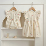 Design Summer Baby Kids Girls Floral Pattern Embroidery Sleeveless Crew Neck Onesies And Girls’ Dress – Princess Sister Matching Set - MyKids-USA™