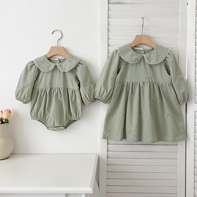 Arrival Autumn Baby Kids Girls Long Sleeves Daisy Floral Embroidery Pattern French Collar Onesies and Dress – Princess Sister Matching Set - MyKids-USA™