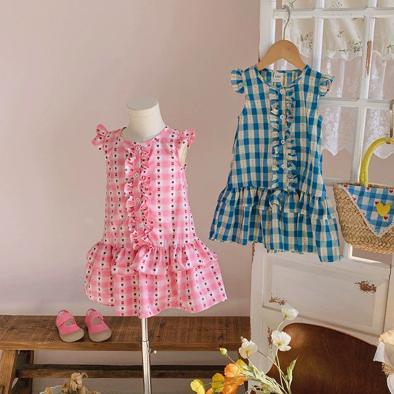 Summer Arrival Plaid Pattern Crew Neck Front-open Sleeveless Dress for Stylish Girls - MyKids-USA™