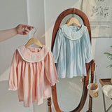 Simple Plain Autumn Girls Flower Embroidery Collar Long Sleeves French Style Dress