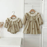 Arrival Autumn Baby Kids Girls Long Sleeves Vintage Floral Embroidery Pattern French Collar Onesies and Dress – Princess Sister Matching Set - MyKids-USA™