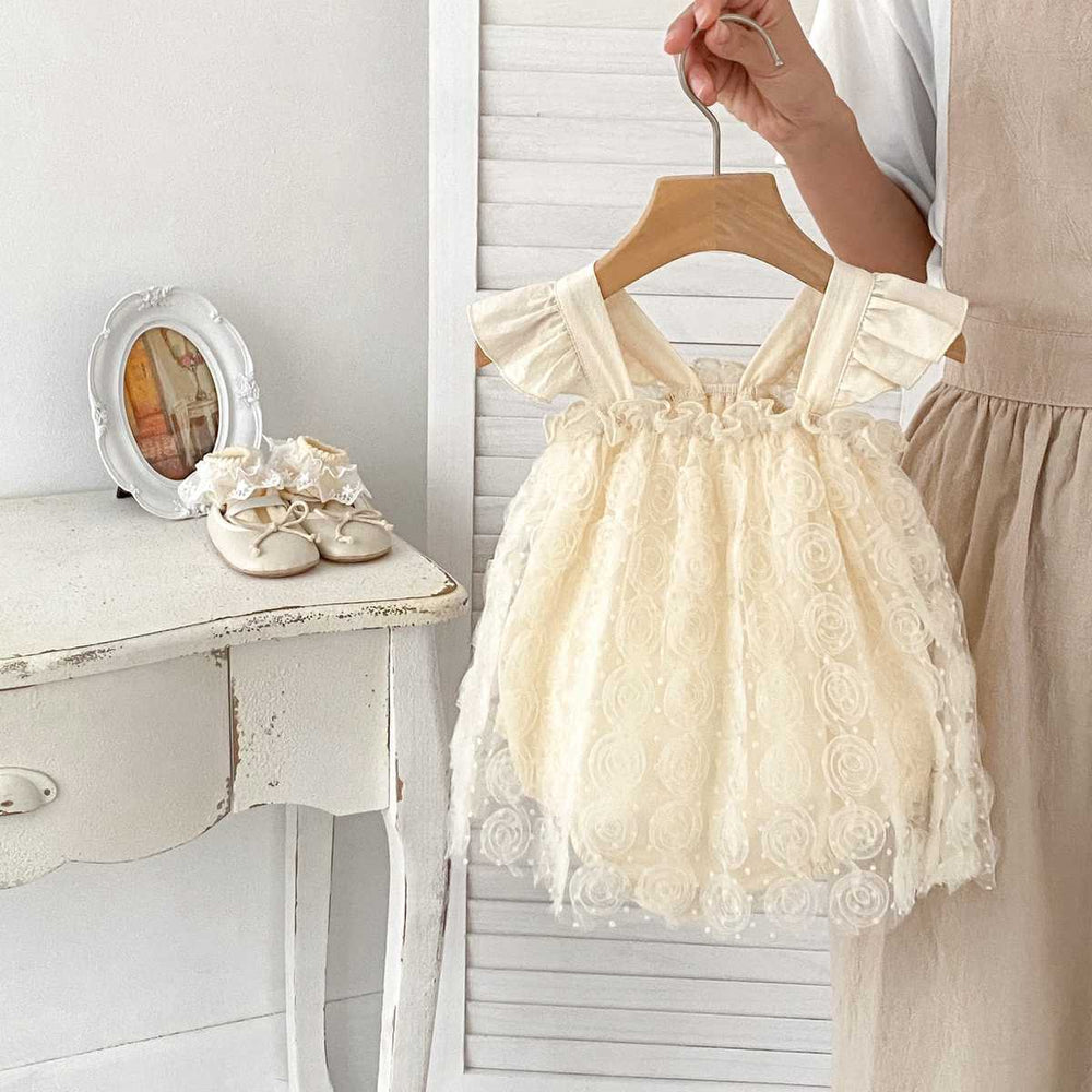 Summer Baby Girls Solid Color Rose Embroidery Lace Mesh Sleeveless Princess Onesie Dress - MyKids-USA™