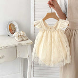 Summer Baby Girls Solid Color Rose Embroidery Lace Mesh Sleeveless Princess Onesie Dress - MyKids-USA™