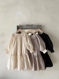 Baby Girl Solid Color Lace Design Square Neck Long Sleeves Princess Dress - MyKids-USA™