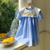 Summer Baby Kids Girls Short Sleeves Crew Neck Duck Pattern Plaid Dress - MyKids-USA™