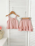 Summer Baby Kids Solid Color and Striped Hollow-out Pattern Sleeveless Top Vest with Skirt Clothing Set for Girls