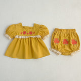 New Arrival Summer Baby Kids Girls Flowers Pattern Embroidery Short Sleeves Square Neck Dress And Bloomers Sets And Onesies – Princess Sister Matching Set - MyKids-USA™