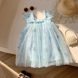Summer Baby Kids Girls Sleeveless Butterfly Embroidered Mesh Design Off Shoulder Strap Dress - MyKids-USA™