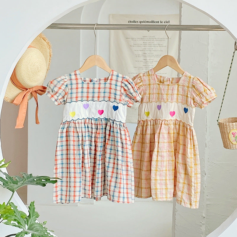 Summer Girls Short Sleeves Colorful Plaid Heart Embroidery Dress - MyKids-USA™