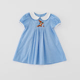 Summer Baby Kids Girls Short Sleeves Rabbit Embroidery Plaid Dress