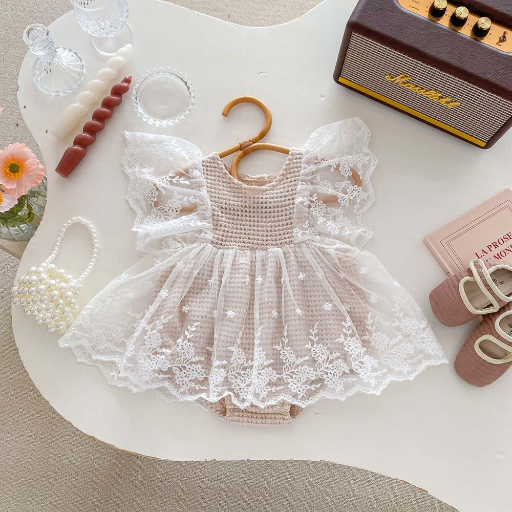Summer Baby Waffle Pattern Lace Mesh Princess Onesie Dress For Girls - MyKids-USA™