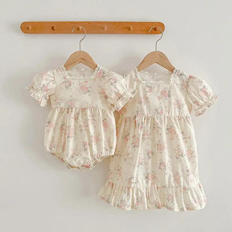 Summer Girls Floral Pattern Square Neck Onesies And Girls’ Dress – Princess Sister Matching Set - MyKids-USA™