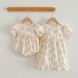 Summer Girls Floral Pattern Square Neck Onesies And Girls’ Dress – Princess Sister Matching Set - MyKids-USA™