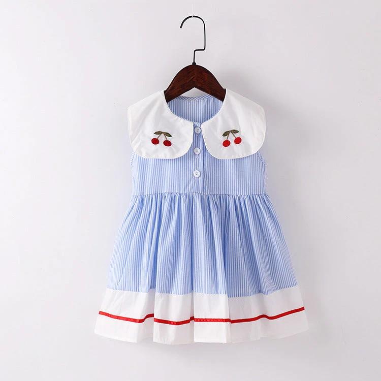 Baby Girl Cherry Embroidery Pattern Color Blocking Lapel Design Sleeveless Dress - MyKids-USA™