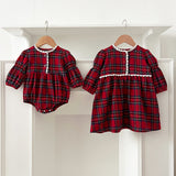 Arrival Autumn Vintage English Plaid Baby Kids Girls Ruffle Neck Onesies and Dress – Princess Sister Matching Set - MyKids-USA™