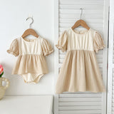 Summer Girls Apricot Patchwork Crew Neck Short Sleeves Onesies And Girls’ Dress – Simple Sister Matching Set - MyKids-USA™
