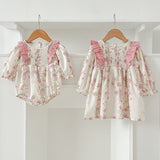 Arrival Autumn Pink Floral Print Baby Kids Girls Crew Neck Onesies and Dress – Princess Sister Matching Set - MyKids-USA™
