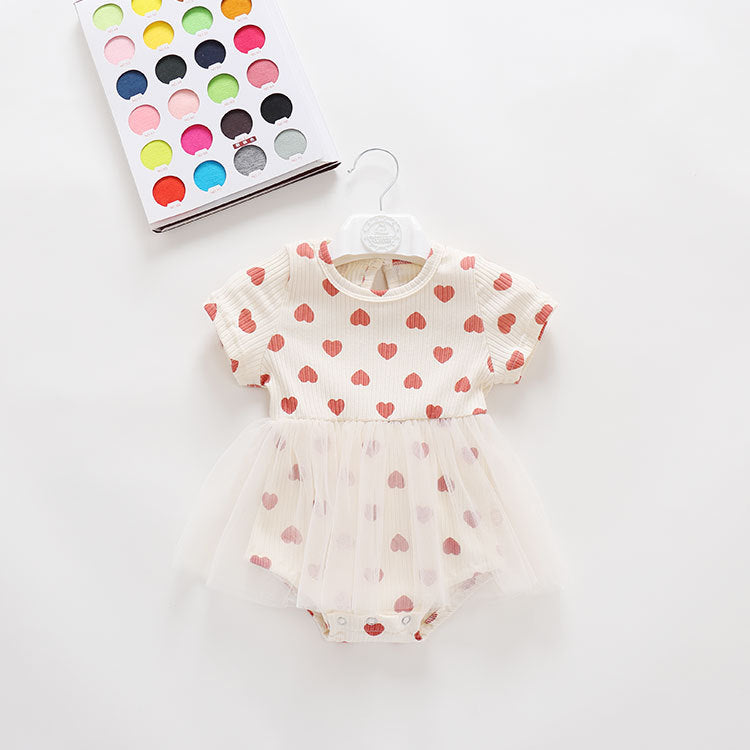 Baby Girl Mesh Patchwork Design Small Heart Print Pattern Round Neck Short-Sleeve Onesie Dress - MyKids-USA™