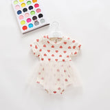 Baby Girl Mesh Patchwork Design Small Heart Print Pattern Round Neck Short-Sleeve Onesie Dress - MyKids-USA™