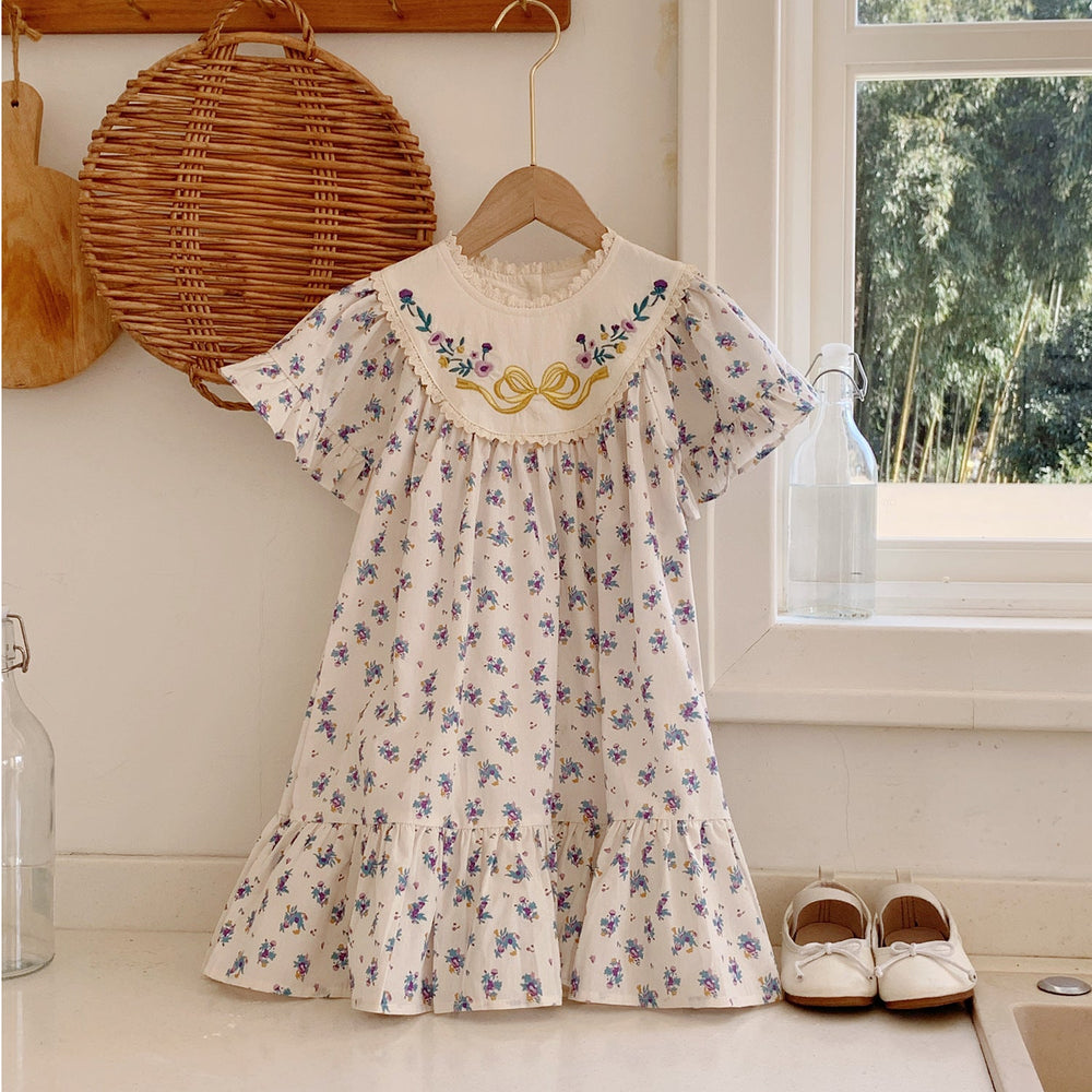 Summer Baby Kids Girls French Short Sleeves Floral Pattern Embroidered and Printed Dress - MyKids-USA™