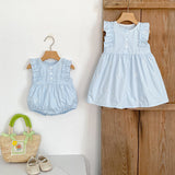 Summer Baby Girls French-style Butterfly-Bows Embroidery Pattern Sleeveless Onesies and Dress – Princess Sister Matching