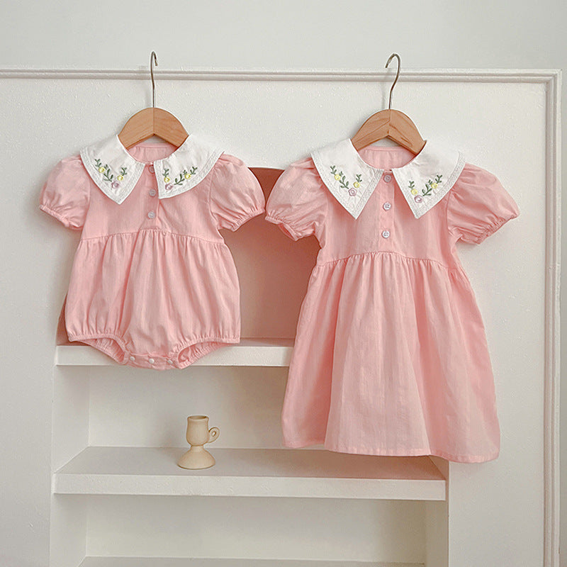 Summer Baby Kids Girls Flowers Embroidery Collar Onesies And Girls’ Dress – Princess Sister Matching Set - MyKids-USA™