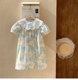 Summer Baby Kids Girls Short Sleeves Oil-Painting Flowers Pattern Dress