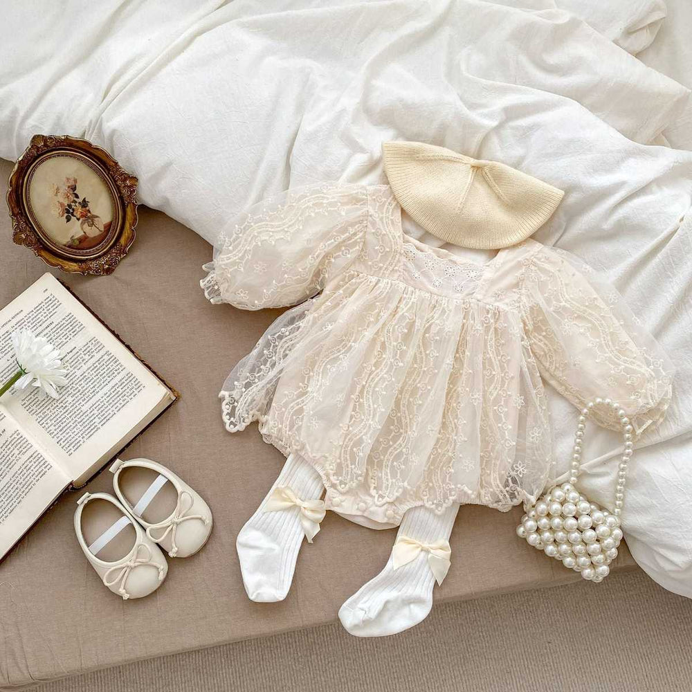 Autumn Mesh Patched Design Apricot Onesies Dress - MyKids-USA™