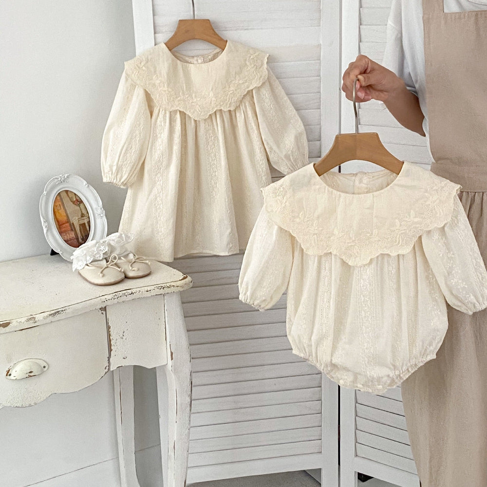 Spring Baby Beige Floral Embroidery Long-Sleeved Onesies And Dress For Girls – Princess Sister Matching Set - MyKids-USA™