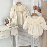 Spring Baby Beige Floral Embroidery Long-Sleeved Onesies And Dress For Girls – Princess Sister Matching Set - MyKids-USA™