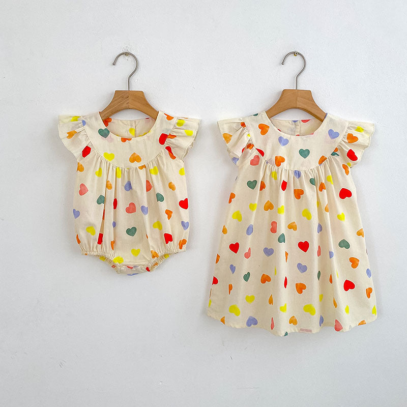 Summer Girls Simple Colorful Hearts Pattern Fly Sleeves Onesies and Girls’ Dress – Princess Sister Matching Set - MyKids-USA™