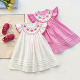 Summer Baby Kids Girls Fly Sleeves Heart Pattern Embroidered Dress