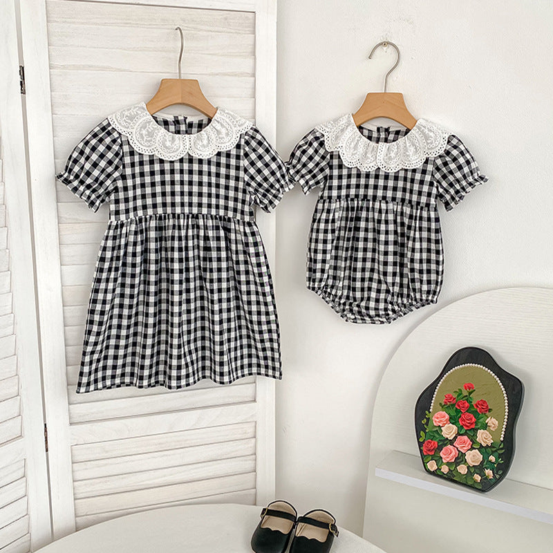 Summer Girls Simple Plaid Pattern Short Sleeves Onesies and Girls’ Dress – Princess Sister Matching - MyKids-USA™