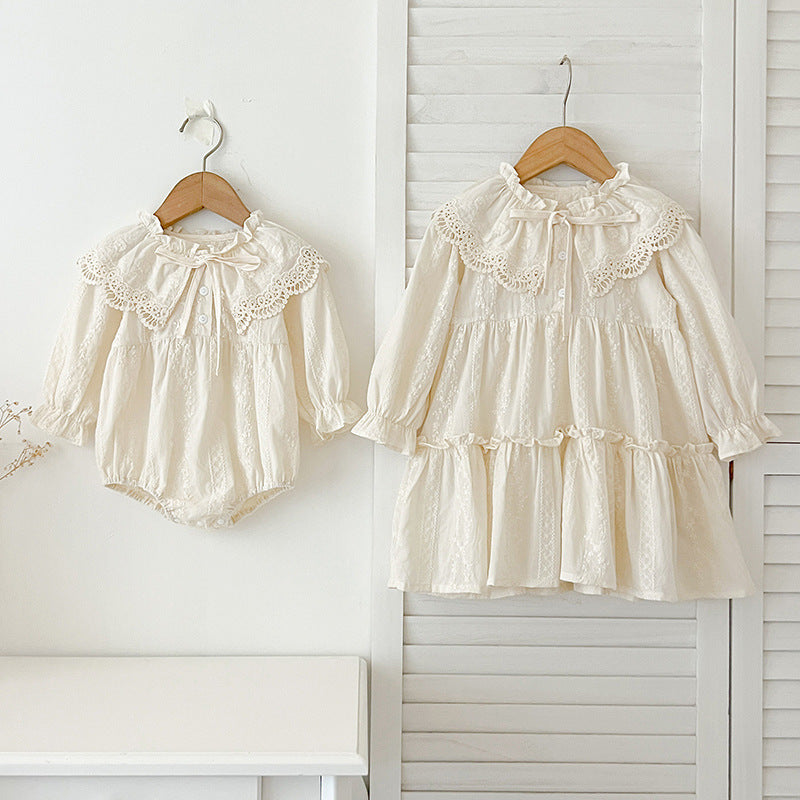 New Design Autumn Floral Embroidery Pattern Baby Kids Girls Bow-Tied Collar Onesies And Dress – Princess Sister Matching Set - MyKids-USA™