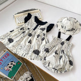 Summer Girls Color Patchwork Floral Pattern Strap Onesies And Fly Sleeves Dress – Princess Sister Matching Set With Shoes