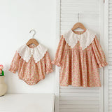 New Arrival Autumn Floral Print Baby Kids Girls Hollow-Out Collar Onesies And Dress – Princess Sister Matching Set