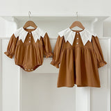 Design Autumn Color Patchwork Baby Kids Girls Bat-Wings Shaped Collar Onesies And Dress – Princess Sister Matching Set