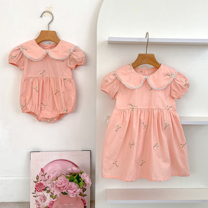 Summer Girls Simple Floral Embroidery Lace Trim Collar Short Sleeves Onesies and Girls’ Dress – Princess Sister Matching - MyKids-USA™
