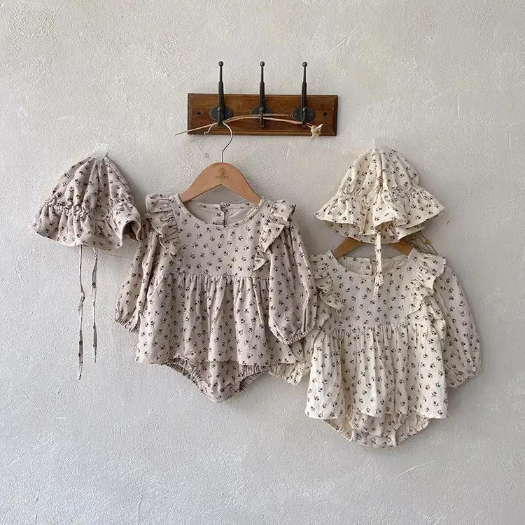 Baby Girl Ditsy Flower Graphic Ruffle Design Long Sleeve Bodysuit Dress - MyKids-USA™